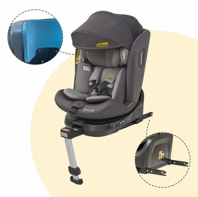 Autostoeltje - 360 Graden Draaibaar Met Isofix En Ligfunctie - Voor Baby En Kind In Auto - i Size R129 - Stof Zwart Grijs