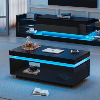 STILVORA Salontafels - Vorm 100x50x40.3 cm - Table Basse Met Lade En LED-Verlichting - Voor Gezellige Woonkamers - Hout - Zwart