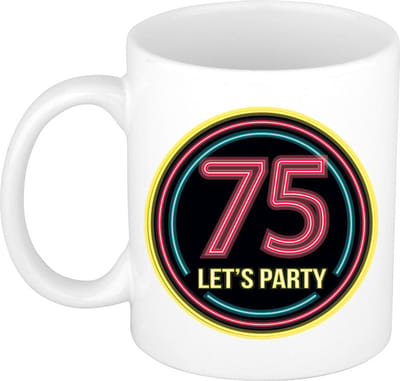 Bellatio Decorations Verjaardag mok / beker - Lets party 75 jaar - neon - 300 ml