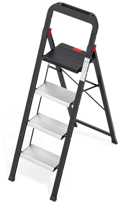 Inklapbare aluminium trapladder met leuning - 4 treden, antislip en klapbeveiliging