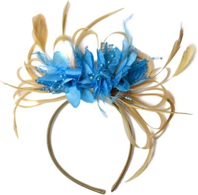 Feestelijke Fascinator Hoofdband in Champagne, Beige en Aqua Blauw voor Bruiloft of Derby