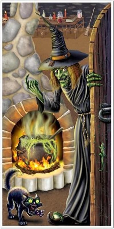 Halloween thema deurposter - heksenketel scene - plastic - 76 x 152 cm - versiering/decoratie