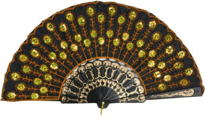 Spaanse handwaaier - zwart/goud - pailletten - kunststof/polyester - 24 x 44 cm