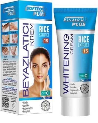 Softto Plus - Whitening Rijstextract Bodycrème 100 (ml.) | Voor het bleken van de huid | Whitening Cream | Vitamine A + B1 /B2 + C + E | Rozenbottel | Verwijderd Oneffenheden | Gevoelige Huid | Zeer Effectief | SPF - 15 |