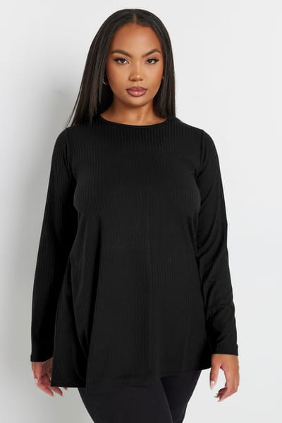 Yours Geribbelde Top Met Lange Mouwen In Zwart Size 42