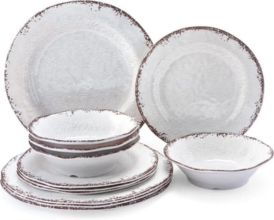 12-Delige Witte Melamine Serviesset - Lichtgewicht en Onbreekbaar Buiten Servies voor 4 Personen