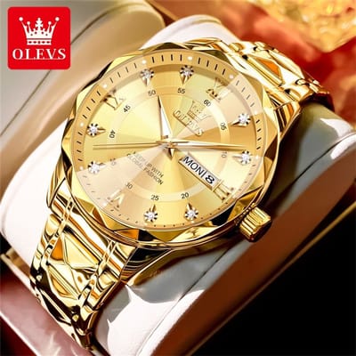 HO-5609.g : Olevs goudkleurig edelstaal quartz heren horloge, diamantzirkonia's, facetto, Romeinse cijfers, dagnaam, dagkalender