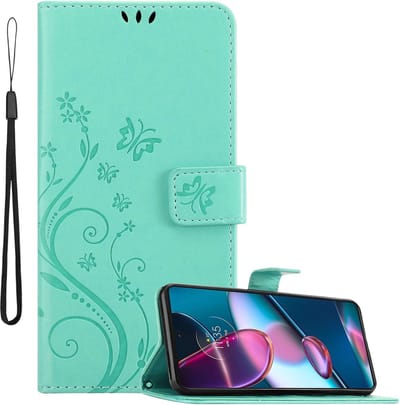 Cadorabo Hoesje geschikt voor Motorola EDGE+ in Turkoois - Beschermhoes in bloemmotief met magnetische sluiting, standfunctie en kaartsleuven Book Case Cover Etui