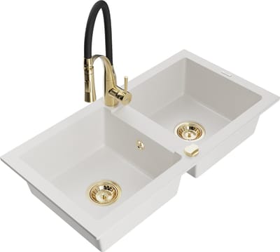 Mexen Mario granieten gootsteen 2-kamer met keukenmengkraan Aster, wit - 6504-20-73450-57-G