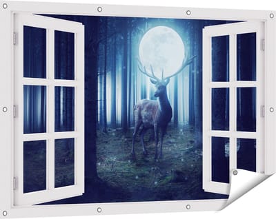 Gards Tuinposter Doorkijk Hert in het Bos tijdens Volle Maan - 120x80 cm - Tuindoek - Tuindecoratie - Wanddecoratie buiten - Tuinschilderij