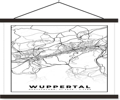 Posterhanger incl. Poster 60x40 cm - Schoolplaat - Stadskaart - Wuppertal - Plattegrond - Kaart - Textielposter - Zwarte latten - Stadskaart