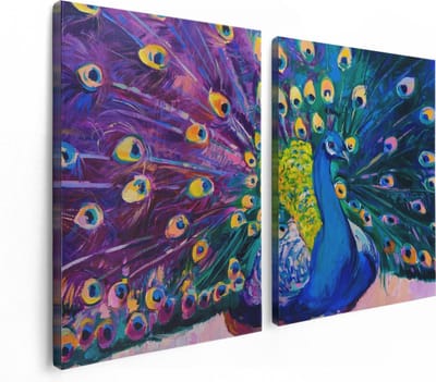 Artaza Canvas Schilderij Tweeluik Pauw Met Kleurrijke Veren Van Olieverf - Abstract - 120x80 - Foto Op Canvas - Canvas Print