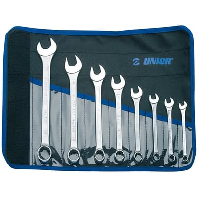 Korte gebogen platte combinatiesleutels met deksel Unior (x8)