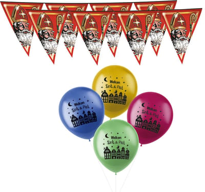 Sinterklaas versiering - 3x rode vlaggenlijnen van 5 meter en 30x ballonnen