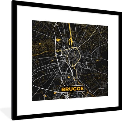 Fotolijst incl. Poster - Brugge - Goud - Stadskaart - Kaart - Plattegrond - 40x40 cm - Posterlijst