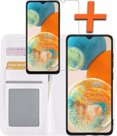 Hoes - Met Screenprotector - Geschikt voor Samsung Galaxy A23 - Luxe Pasjeshouder - Bookcase Portemonee - Flip Case - Kunstleer Book Case - Flipcase - Book Cover - Walletcase - PortemonneeHoes - Wit