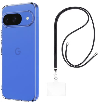 Set met hoesje en nekband voor google pixel 10/10pro - Flexibele, transparante TPU-bescherming, verstelbare universele nekband voor mobiele telefoons, zwarte nekband, transparante draagriem van Phonillico®