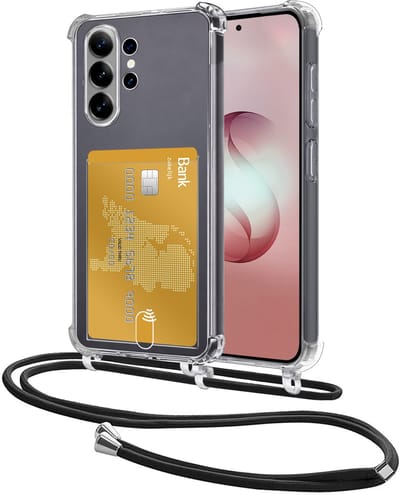 Hoes Geschikt voor Samsung Galaxy S26 Ultra Hoesje Pasjeshouder Cover Met Koord Shock Proof Case Siliconen Hoes Met Telefoonkoord en Kaarthouder - Transparant