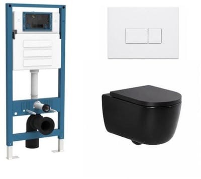 QeramiQ Dely Swirl Toiletset - inbouwreservoir Qeramiq Flush - 35mm zitting - kunststof glans witte bedieningsplaat - rechthoekige knoppen - mat zwart