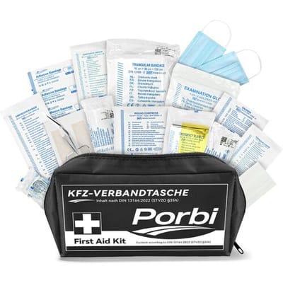 Porbi Auto EHBO-kit volgens DIN 13164-norm, bevat alle essentiële medische noodvoorraden voor voertuigen, reizen en ongevallen onderweg, zwart