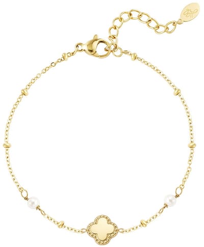 Joy Ibiza - klaver armband - cleef clover - 2 parels - bohemian style - stainless steel - ip/pvd goldplated