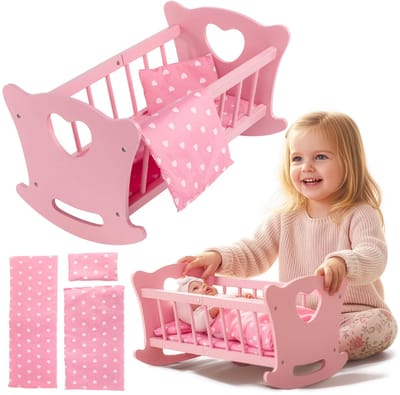 Dailygoods- Poppenbed - Set met dekbed/kussen - Veilig voor kinderen - Gecertificeerde verf - Afmetingen 51,5 x 32 x 29,5 cm - Binnenlengte 49,5 cm - Poppenwieg