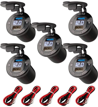 ProRide 12V USB Wandcontactdoos Inbouw - 2 USB Poorten - Voltmeter - 5V/2.4A - Blauw - Kabel en Zekering - 5 stuks