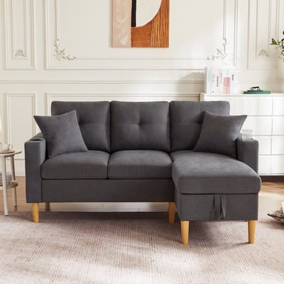 MODFU Hoekbank - L-Vormig Met Opbergruimte En Bekerhouders - Modern - Voor Woonkamer Of Kantoor - Katoen-Linnen - Donkergrijs
