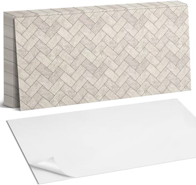 Coloray Plaktegels - Visgraatpatroon Zelfklevende Wandtegels - 40 cm x 20 cm - Romig Plaktegels - 10 stuks - Rechthoek PVC Tegels - Plaktegels Badkamer - Vloertegels Zelfklevend - Vinyl Tegels Zelfklevend - Portugese Tegels
