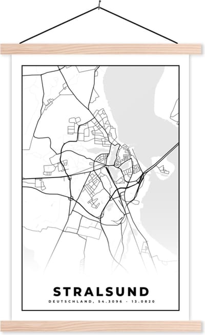 Posterhanger incl. Poster 40x60 cm - Schoolplaat - Plattegrond - Stralsund - Kaart - Stadskaart - Textielposter - Blanke latten - Stadskaart