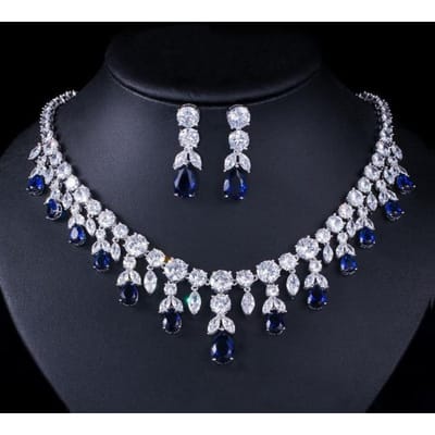 Luxe 925 sterling zilveren saffier smaragd topaas edelsteen geboortesteen ketting / oorbellen bruidssieradensets 45 cm blauw