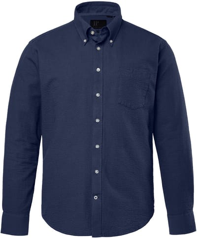 JP 1880 - Heren - Seersucker overhemd lange mouwen buttondown kraag Modern Fit - Navy blauw - Maat L