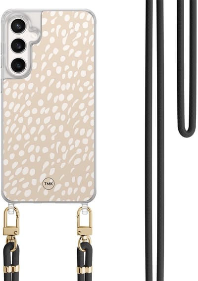 Telefoonhoesje met koord geschikt voor Samsung S24 FE - Sand dots - Inclusief Zwart koord - Transparant, Beige - Gestipt - Crossbody beschermhoes - Met Telefoonketting