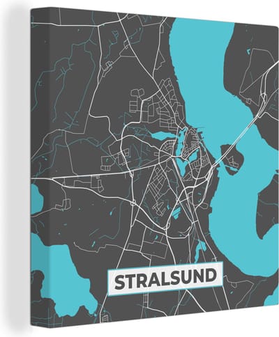 Canvas Schilderij Blauw – Duitsland – Plattegrond – Gold – Stadskaart – Kaart – Stralsund - 20x20 cm - Wanddecoratie
