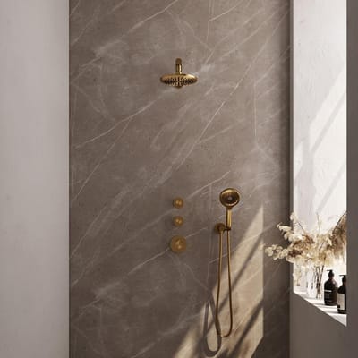 Brauer Gold Edition Thermostatische Regendoucheset Inbouw - Hoofddouche 20 cm - Rechte Wandarm - Handdouche 3 Standen - Doucheslang - Wandaansluitbocht - Geborsteld Goud