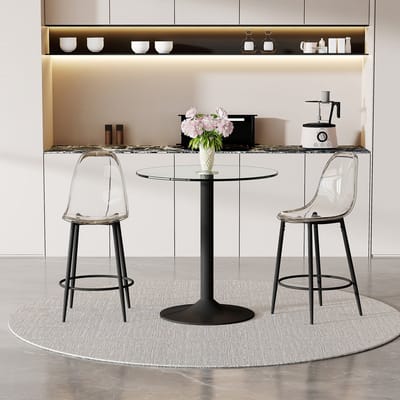 Barset - Glazen Bartafel Met 2 Barkrukken - Transparant Design Met Stabiele Metalen Basis - Voor Open Keuken En Barhoek - Zwart