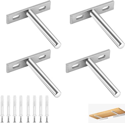Set van 4 stuks -Wandmontagebeugel - Zwevende plankdragers - T-vormige beugel - Verborgen plankdrager - Stevige verborgen blinde plankdrager - Beugel met montageschroeven - Geschikt voor zwevende houten planken (zilver)