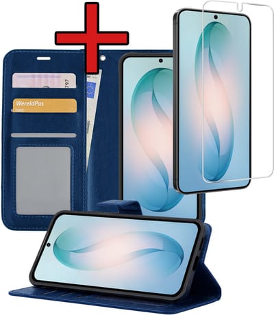 Hoesje - Met Screenprotector - Geschikt voor Samsung Galaxy S26 - Luxe Pasjeshouder - Flipcase - Bookcase Portemonee - Flip Case - Kunstleer Book Case - Book Cover - Walletcase - Portemonneehoes - Telefoonhoes - Donkerblauw