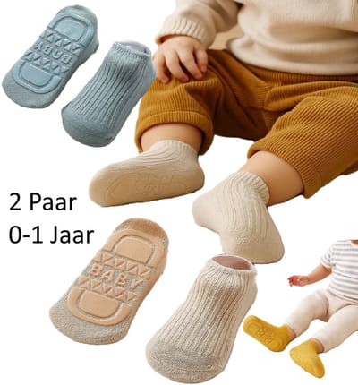 Antislip Babysokken – 2 Paar – Maat S (0–1 jaar) – Kids Floor Socks – Blauw & Geel – Zachte Katoenen Slofsokken – Voor Baby’s en Peuters