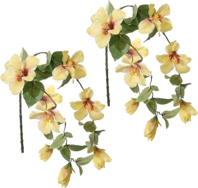 Louis Maes Hibiscus kunstbloemen - 2x - geel - hangende tak - 165 cm - zomer decoratie - levensecht - pvc kunststof