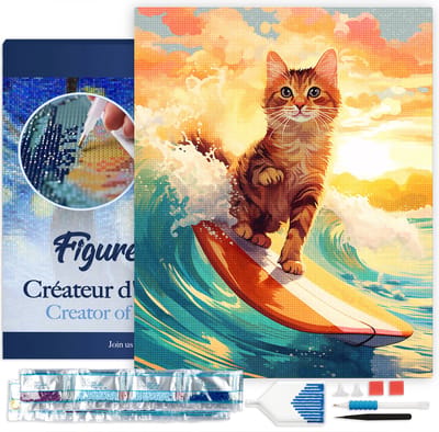 Figured'Art Diamond Painting set Volwassenen 40x50 cm met lijst Surfende kat - 5D DIY Art full drill vierkante diamant - Canvas al ingelijst