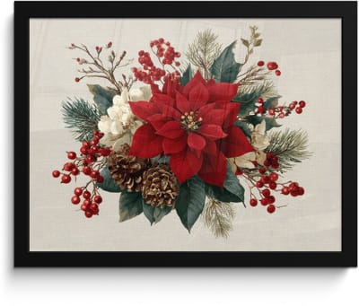 Poster in lijst - Fotolijst 40x30 cm - Posters - Kerststuk - Pointia - Dennenappels - Rood - Posterlijst zwart - Decoratie - Wanddecoratie woonkamer - Muurdecoratie slaapkamer - Kerstversiering - Kerstdecoratie voor binnen - Kerstmis