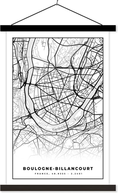 Posterhanger incl. Poster 40x60 cm - Schoolplaat - Kaart - Plattegrond - Boulogne-Billancourt - Frankrijk - Stadskaart - Zwart wit - Textielposter - Zwarte latten - Stadskaart