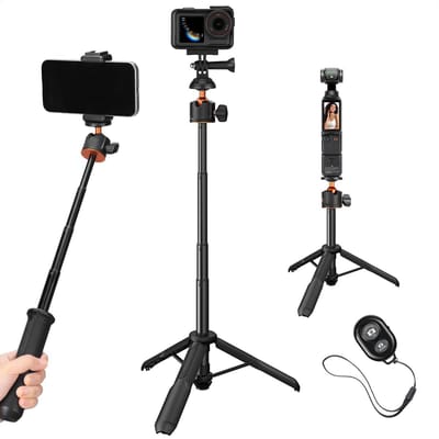 Famanu – Tafelstatief met selfiestick 60 cm en afstandsbediening, compact statief voor smartphone en actiecamera