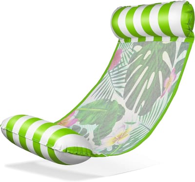 Groen-Wit Gestreepte Tropische Waterhangstoel (130×70cm) – Frisse Drijfstoel met Bladprint en Verkoelend Net, Perfect voor Zwembad en Meer