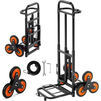 VEVOR Opvouwbare trapklimwagen, 100 kg draagvermogen, trapklimmer met telescopische handgreep, 6 wielen en 2 spanbanden, transportkar, trapklimwagen, stapelbare handkar voor huishoudelijk gebruik, boodschappen en opslag