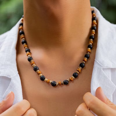 Helin life Klassieke ketting heren -Kralen kettingen- Schakelketting- Kralenketting - Cadeau voor Man -Natuursteen vulkanische steen&Houten kralen- 45+7cm-Mannen Cadeautjes