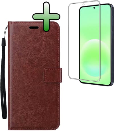 Hoesje Met Screenprotector - Geschikt voor Samsung Galaxy A57 - Luxe Pasjeshouder - Bookcase Portemonee - Flip Case - Kunstleer Book Case - Flipcase - Book Cover - Walletcase - Portemonneehoes - Bruin