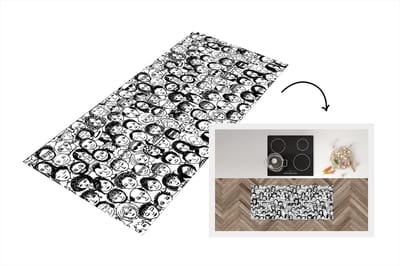 Keukenloper - Loper keuken - Patronen - Gezicht - Zwart Wit - 120x50 cm - Keukenloper vinyl