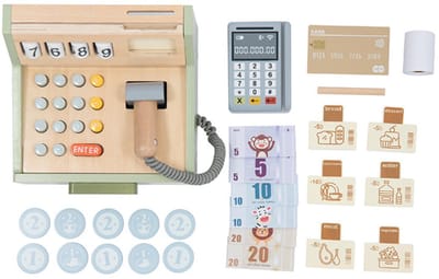 Montessori Houten Speelgoedkassa voor Kinderen – Speelgoedwinkeltje met Geldscanner en Creditcard – Educatief Rollenspel voor Peuters en Kleuters – Leerzaam Cadeau voor Jongens en Meisjes (3+)